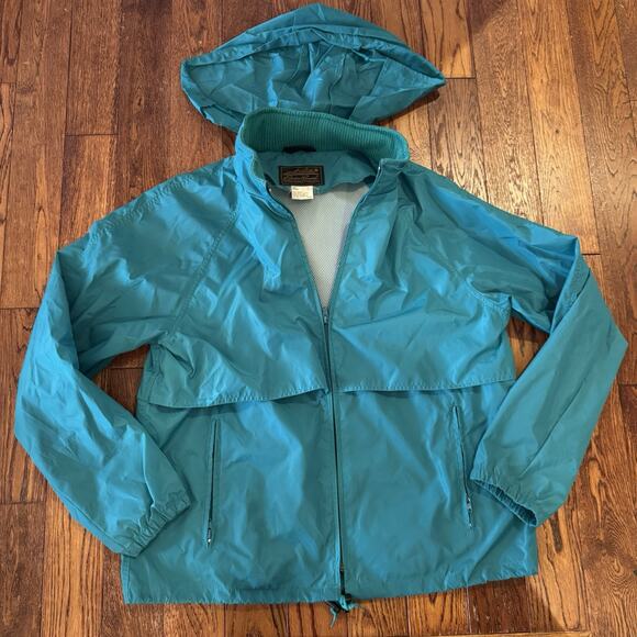 VTG Eddie Bauer Mens L Teal Green Zip Up Hooded Windbreaker Jacket 80's Pockets - Picture 12 of 14